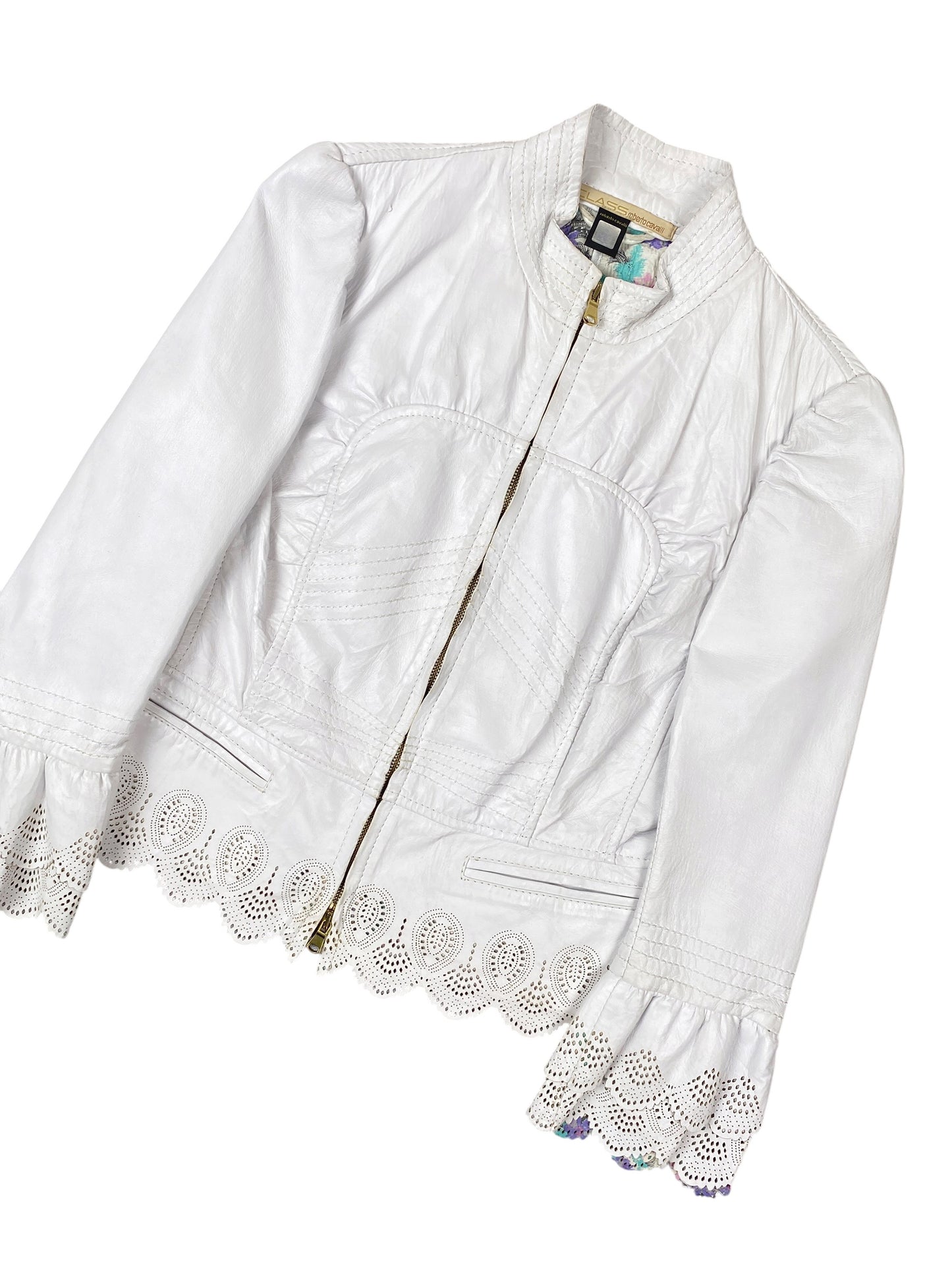 Roberto Cavalli 2000s White Leather Scalloped Jacket