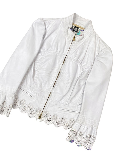 Roberto Cavalli 2000s White Leather Scalloped Jacket