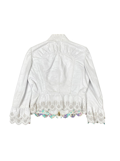 Roberto Cavalli 2000s White Leather Scalloped Jacket