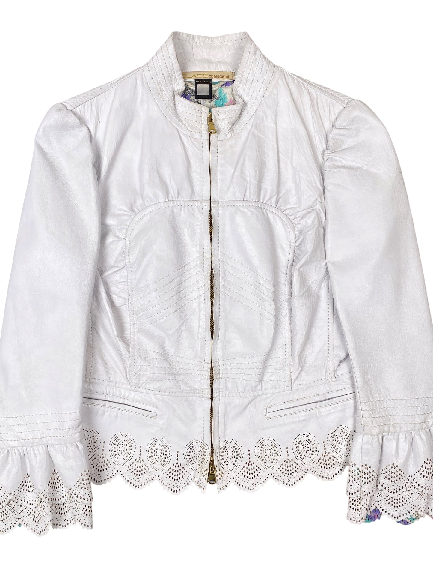 Roberto Cavalli 2000s White Leather Scalloped Jacket