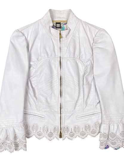 Roberto Cavalli 2000s White Leather Scalloped Jacket