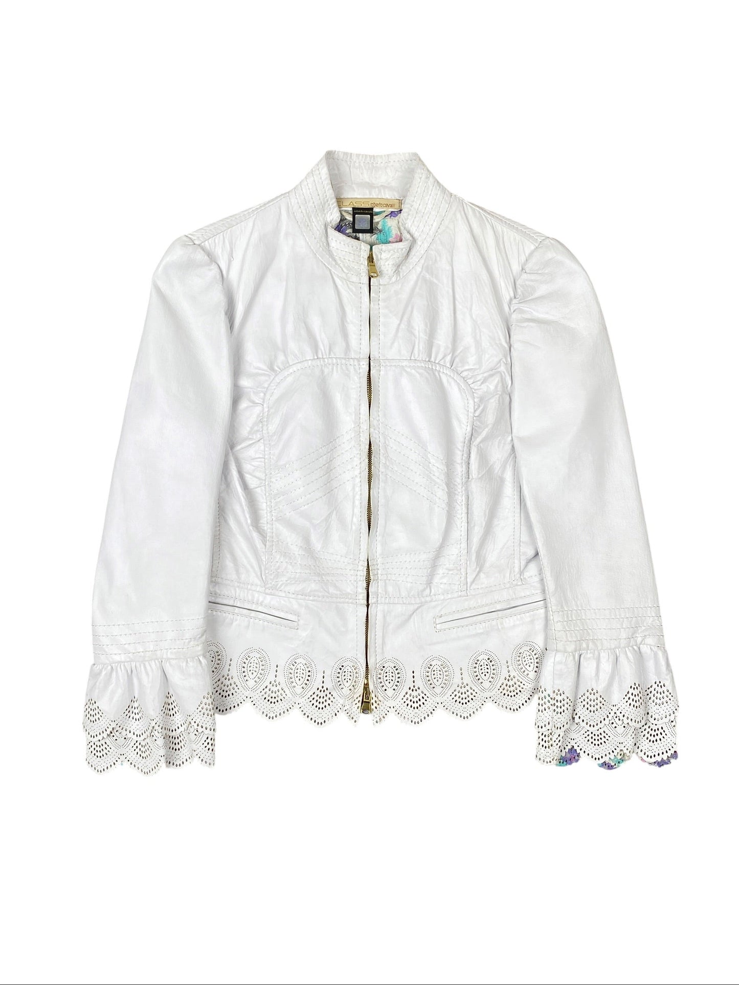 Roberto Cavalli 2000s White Leather Scalloped Jacket