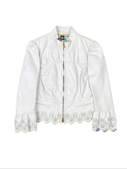 Roberto Cavalli 2000s White Leather Scalloped Jacket