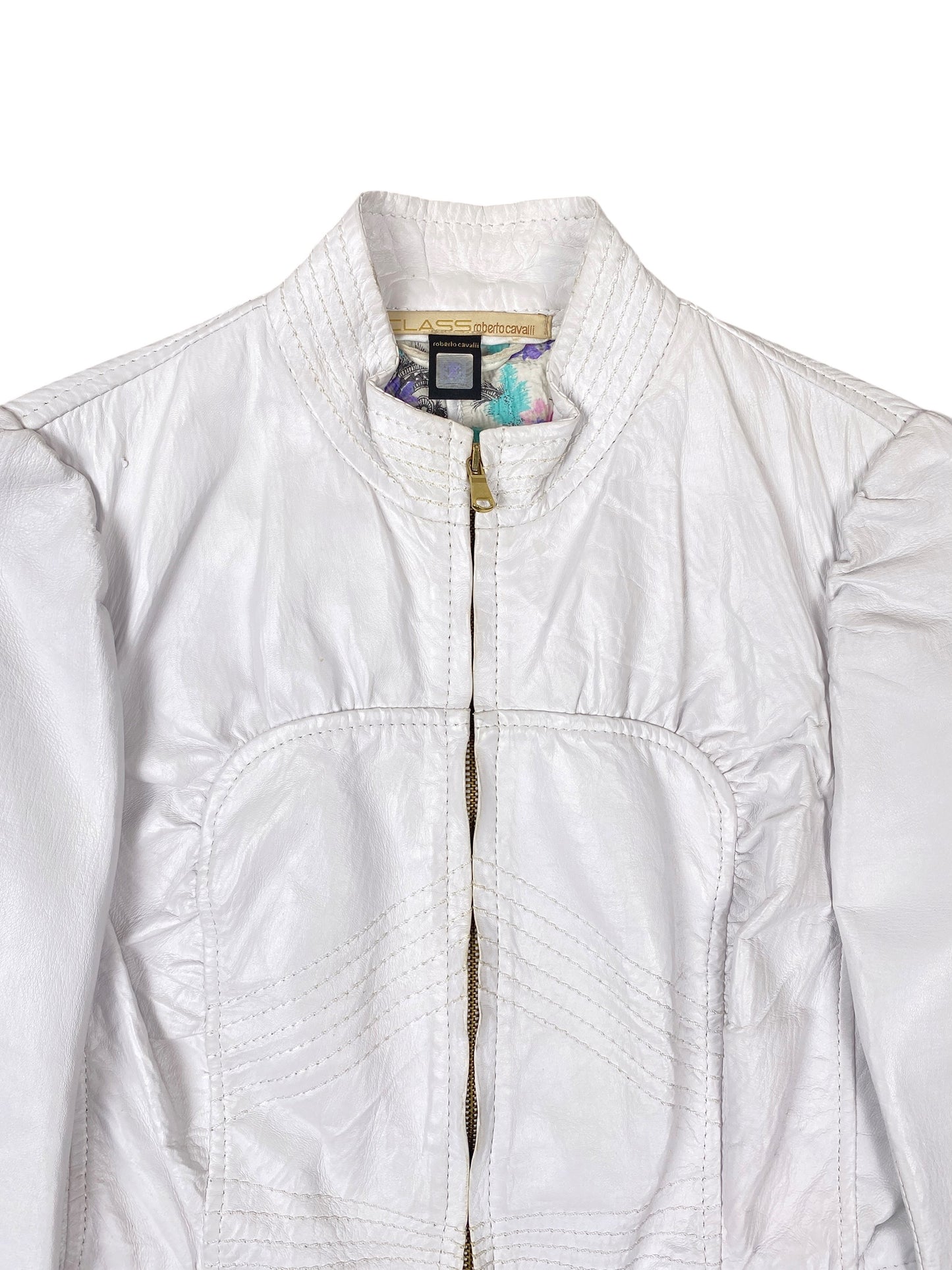 Roberto Cavalli 2000s White Leather Scalloped Jacket