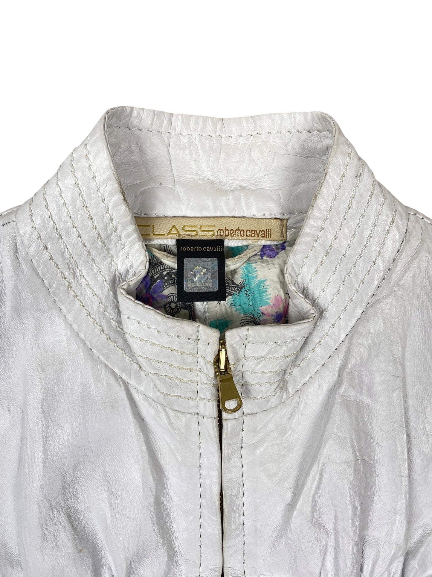 Roberto Cavalli 2000s White Leather Scalloped Jacket