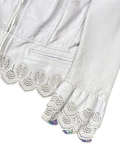 Roberto Cavalli 2000s White Leather Scalloped Jacket