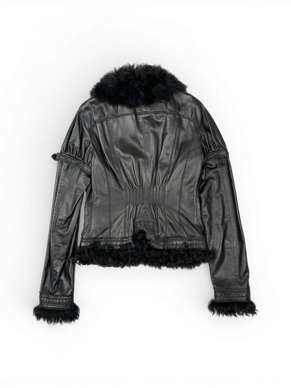 CAVALLI Leather and Fur Buckle Detailed Jacket Sz IT 40 / US 6