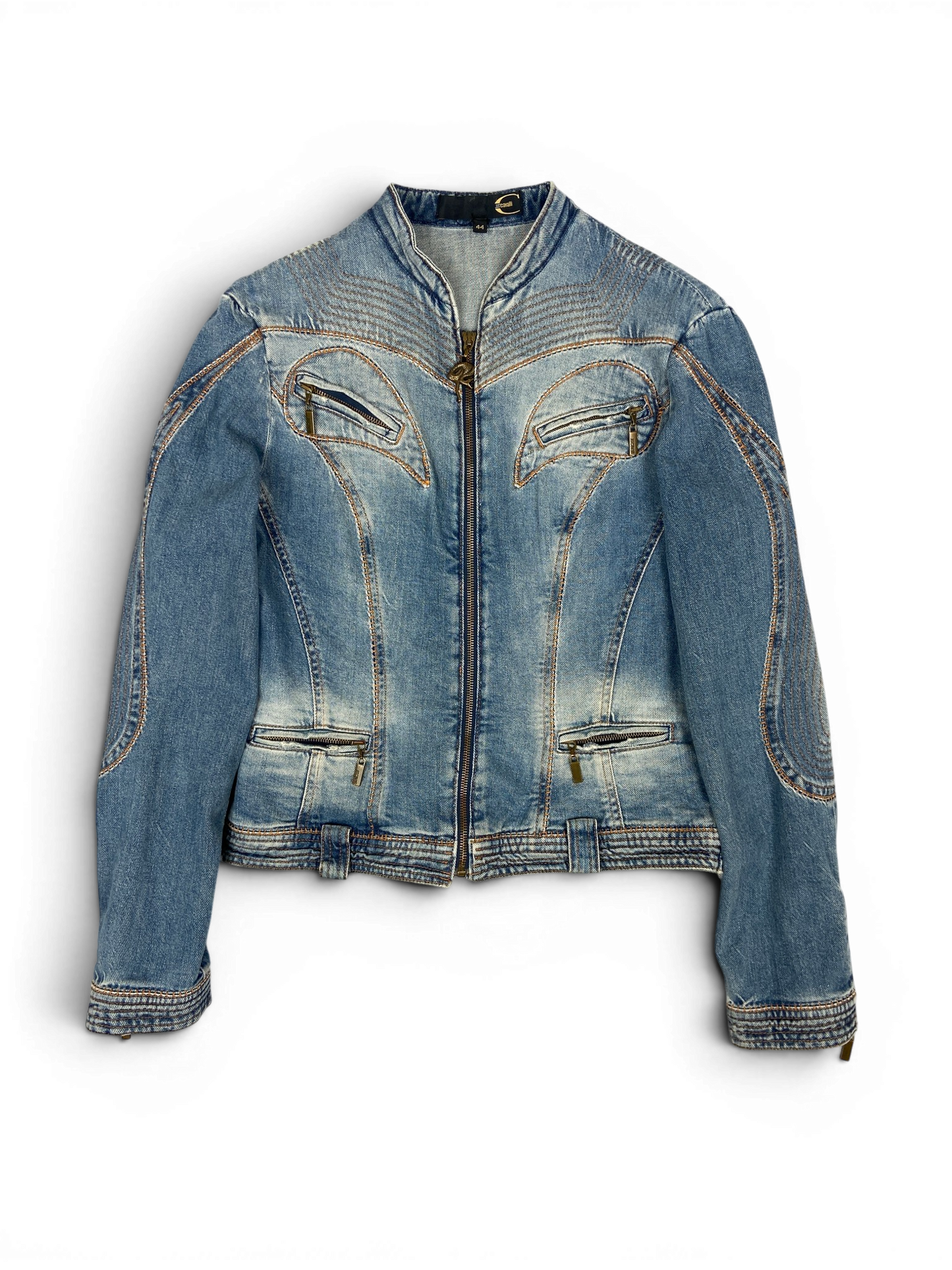 CAVALLI SS05 Y2K Biker Detailed Denim Jacket Sz M