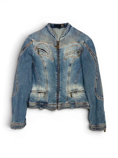 CAVALLI SS05 Y2K Biker Detailed Denim Jacket Sz M