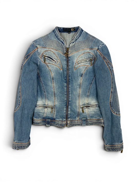 CAVALLI SS05 Y2K Biker Detailed Denim Jacket Sz M