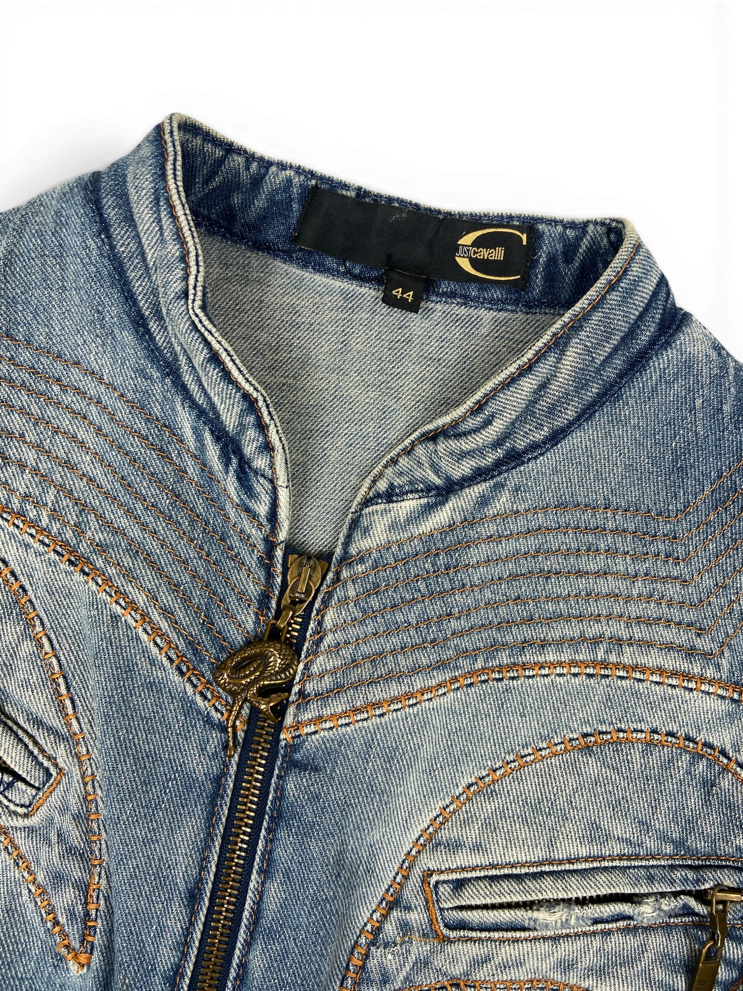 CAVALLI SS05 Y2K Biker Detailed Denim Jacket Sz M