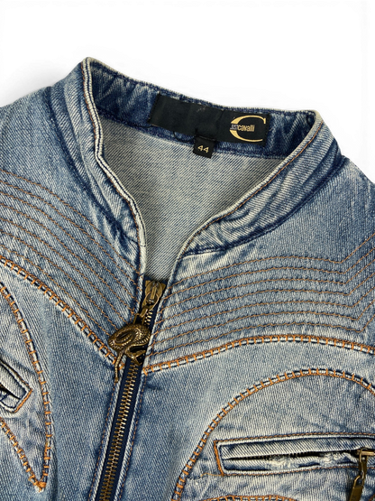 CAVALLI SS05 Y2K Biker Detailed Denim Jacket Sz M
