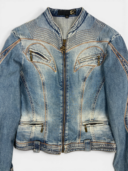 CAVALLI SS05 Y2K Biker Detailed Denim Jacket Sz M
