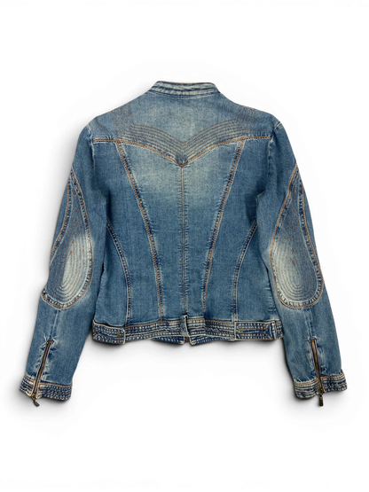 CAVALLI SS05 Y2K Biker Detailed Denim Jacket Sz M