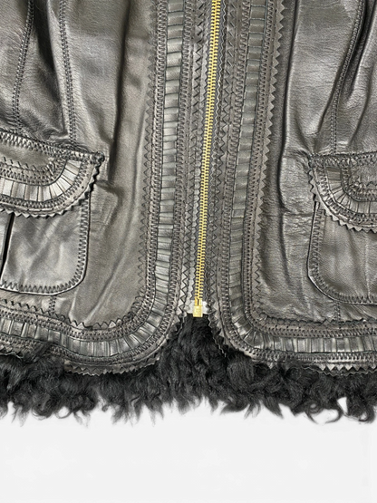 CAVALLI Leather and Fur Buckle Detailed Jacket Sz IT 40 / US 6