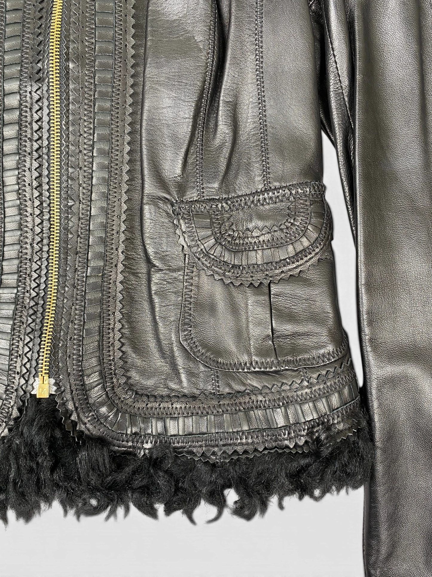 CAVALLI Leather and Fur Buckle Detailed Jacket Sz IT 40 / US 6