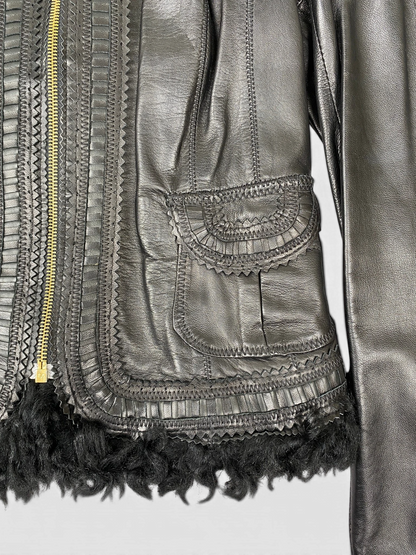CAVALLI Leather and Fur Buckle Detailed Jacket Sz IT 40 / US 6