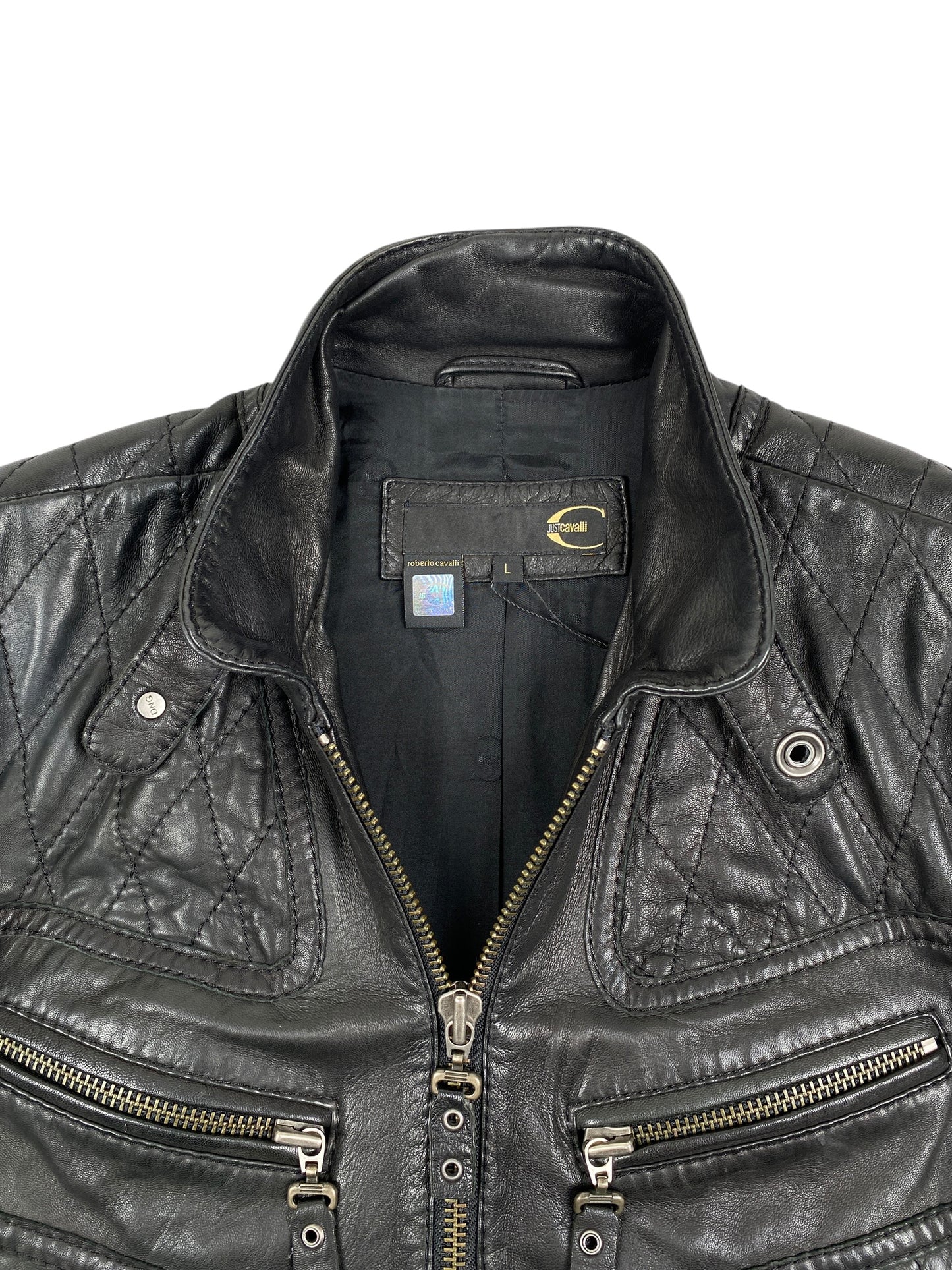 ROBERTO CAVALLI Just Cavalli SS2008 Quilted Multipocket Moto Biker Jacket Black SZ L