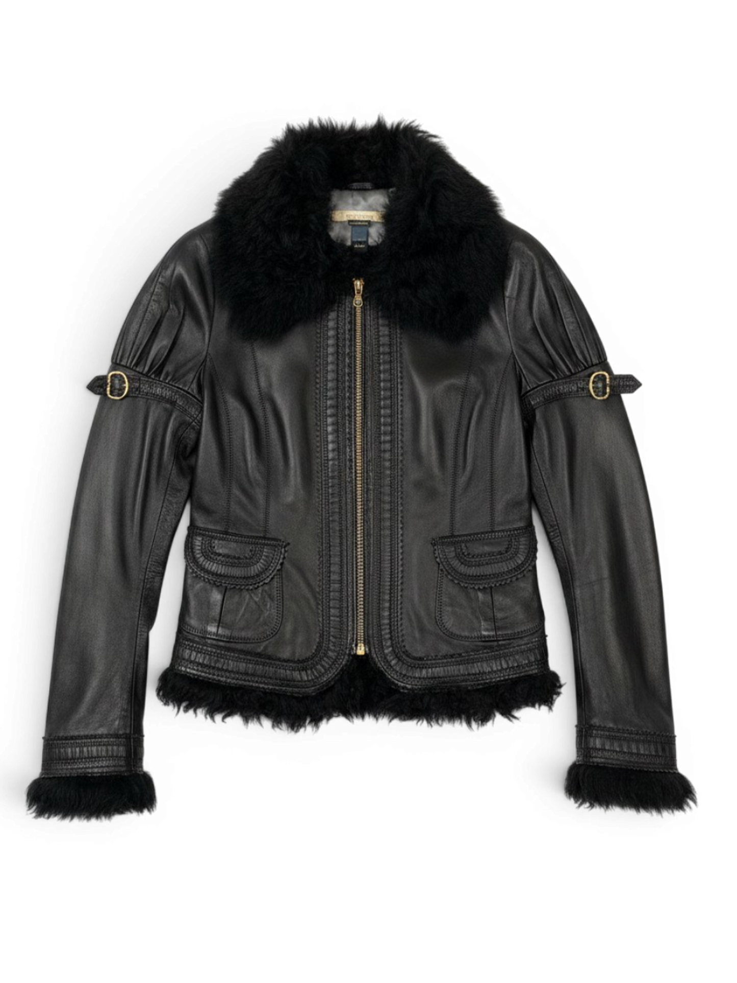CAVALLI Leather and Fur Buckle Detailed Jacket Sz IT 40 / US 6