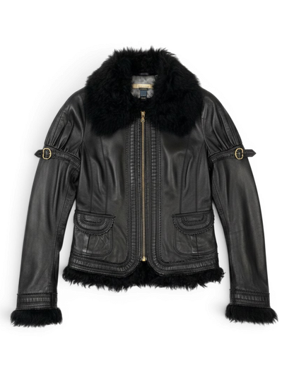 CAVALLI Leather and Fur Buckle Detailed Jacket Sz IT 40 / US 6