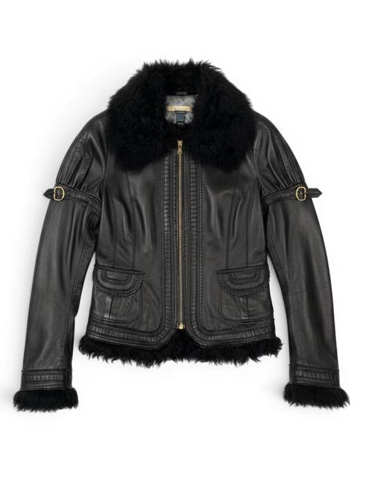 CAVALLI Leather and Fur Buckle Detailed Jacket Sz IT 40 / US 6