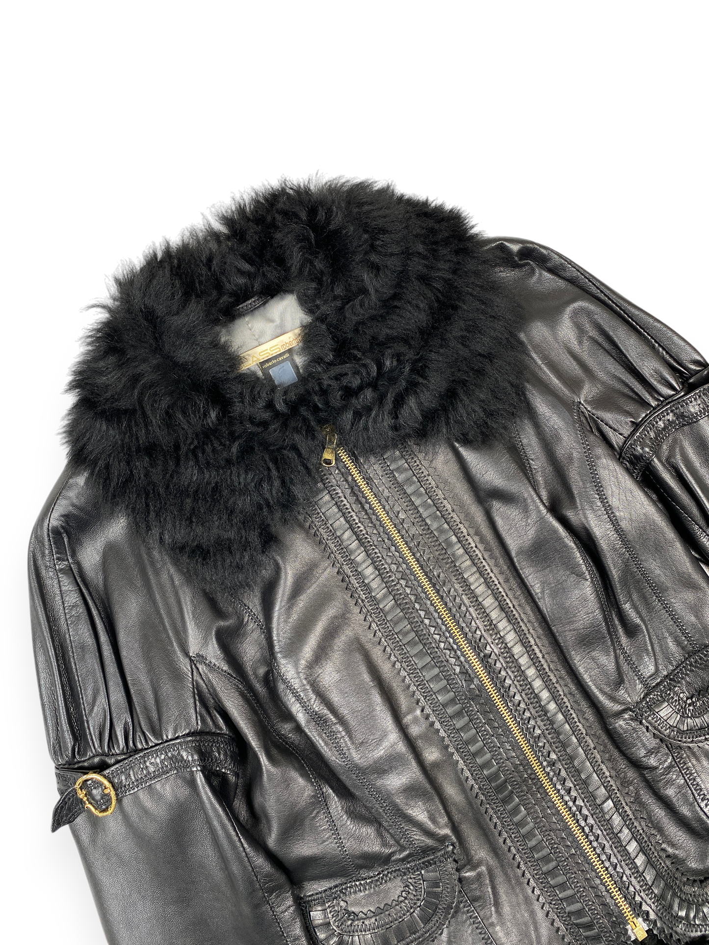 CAVALLI Leather and Fur Buckle Detailed Jacket Sz IT 40 / US 6