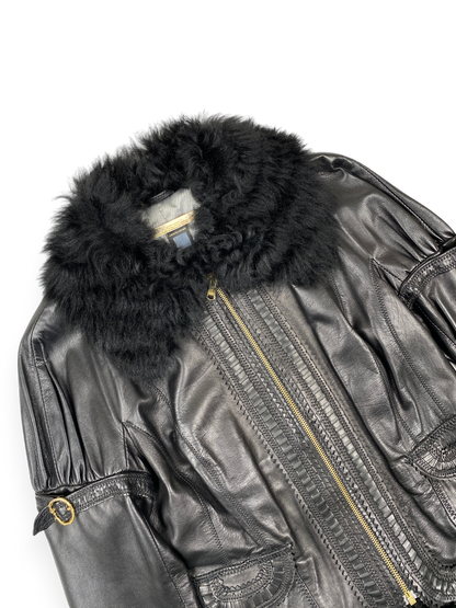 CAVALLI Leather and Fur Buckle Detailed Jacket Sz IT 40 / US 6